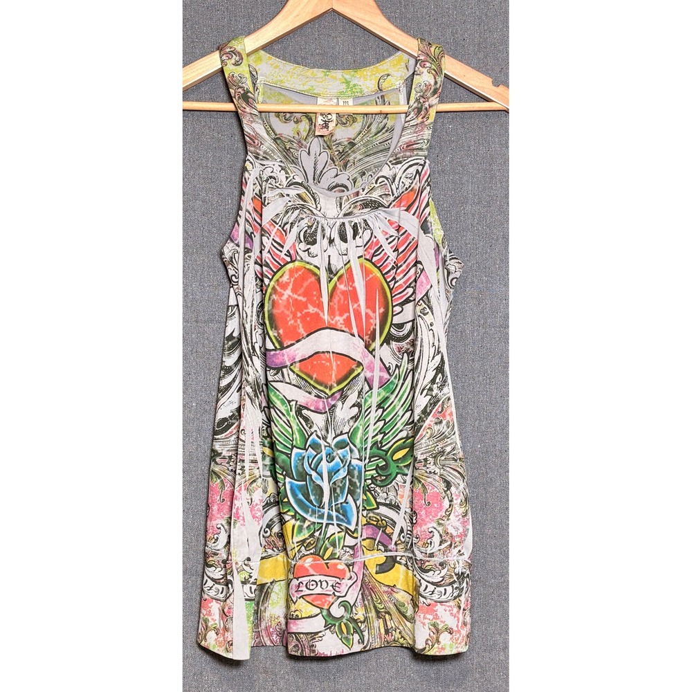 L8ter Y2K Tattoo Print Tank Top Heart Rose Wings Graphic Tunic Multi Color Med